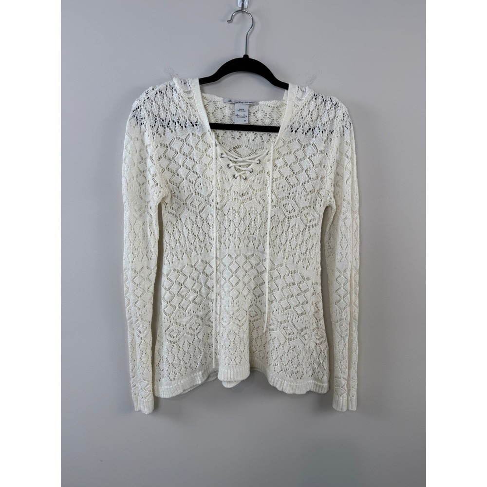 American Rag Cream Crochet Lace Up Knit Sweater Boho Cottagecore Women's Small